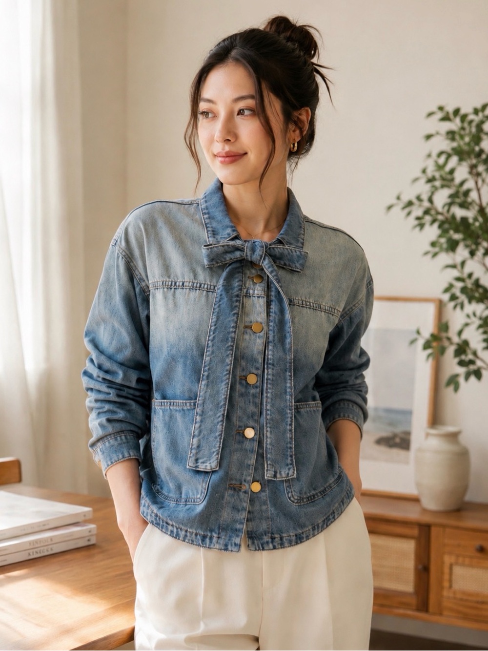 Anthropologie Dot & Lu Rita Neck Tie Denim Jacket